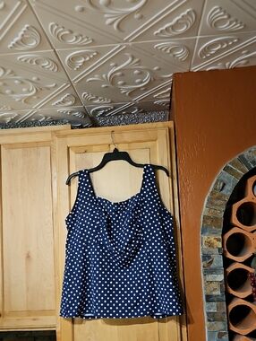 Lands' End Navy Blue White Polka Dot Print Underwire Swim Tankini Top Padded